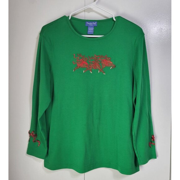 Paradise Bay Misses Size LG Christmas Holiday Reindeer Long Sleeve Shirt Green - Picture 2 of 11